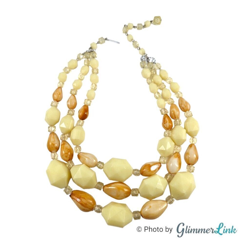 VTG Western Germany Light Yellow & Beige Triple Strand Plastic Beaded Necklace
